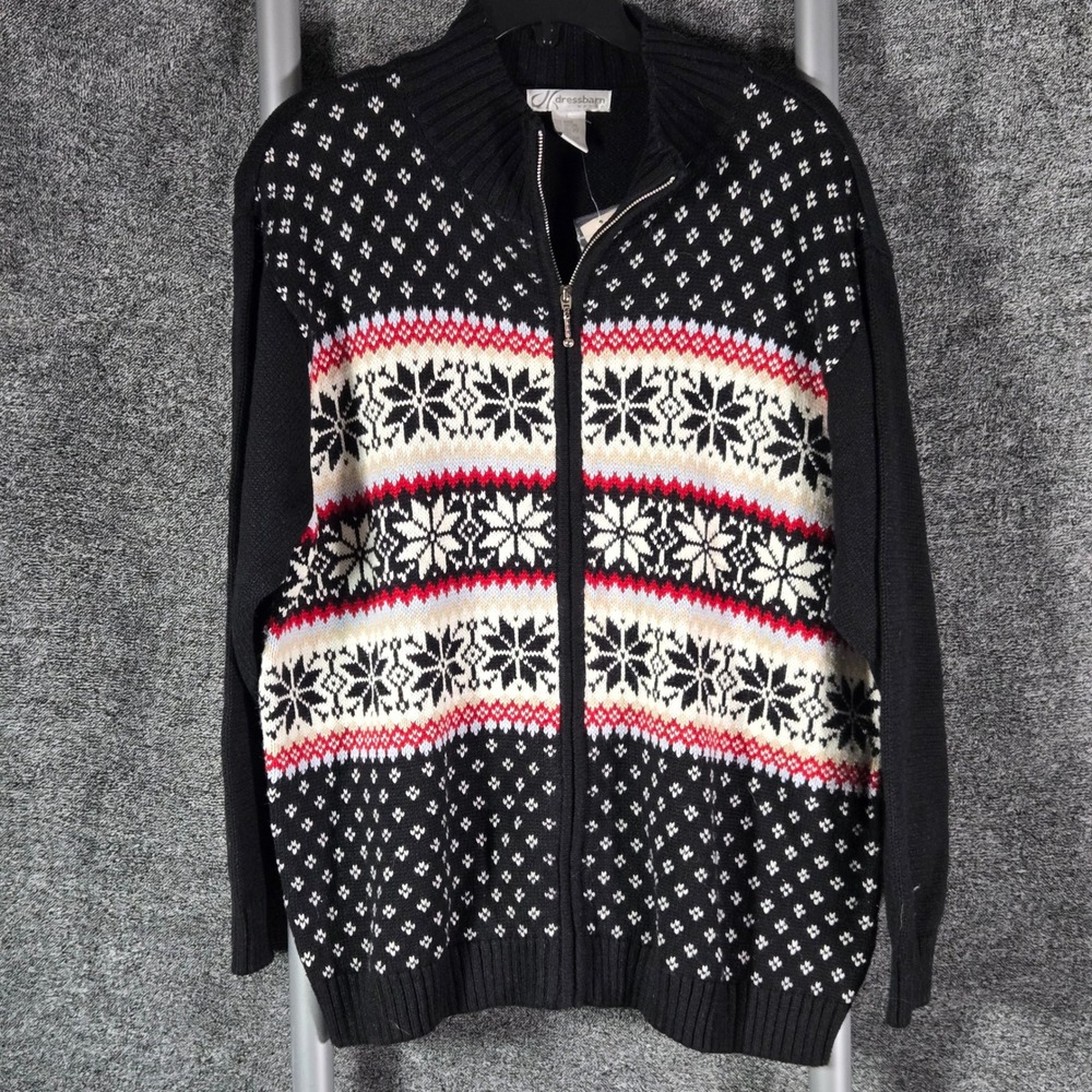 Dressbarn Woman Black Fair Isle Snowflake Full Zip Cardigan Sweater 18/20 NWT